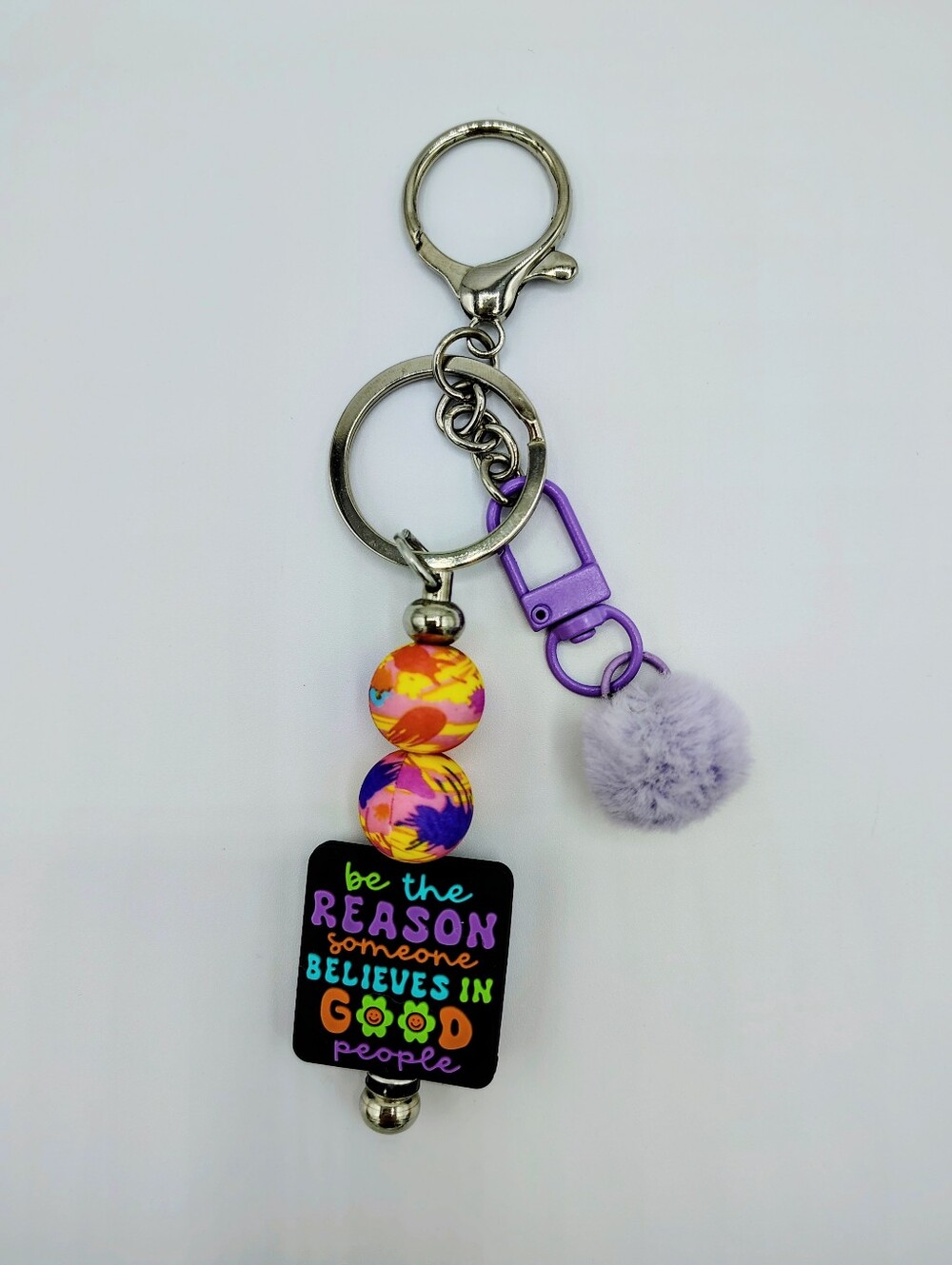 Handcrafted Inspirational Purple Pom Pom Beaded Keychain / Bag Charm